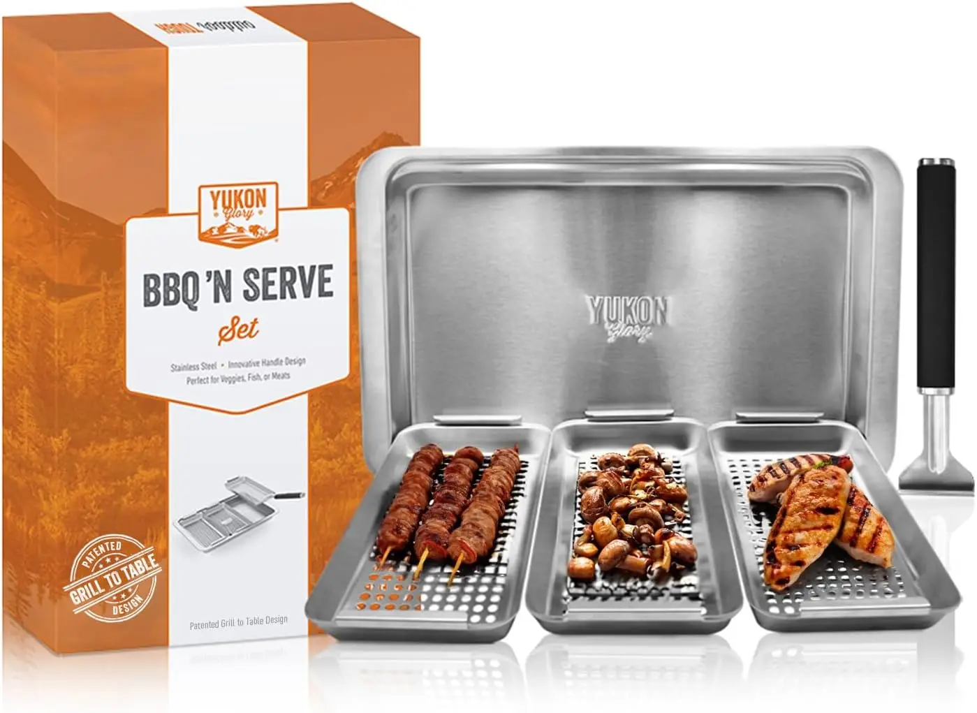 

BBQ 'N Serve Grill Basket Set – Stainless Steel 5-Piece with 3 Baskets, Removable Clip-On Handle & Drip Tray – Veget