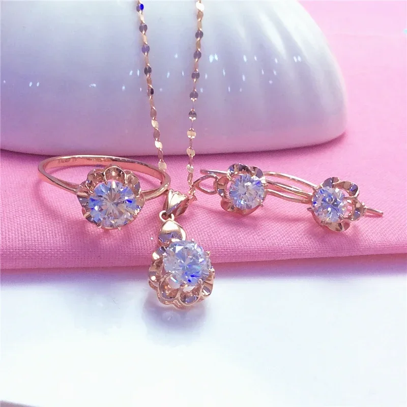 White Shiny Flower Jewelry Set Plated  Rose Gold Earrings for Women Charms Rings Necklace Elegant Light Luxury Necklaces