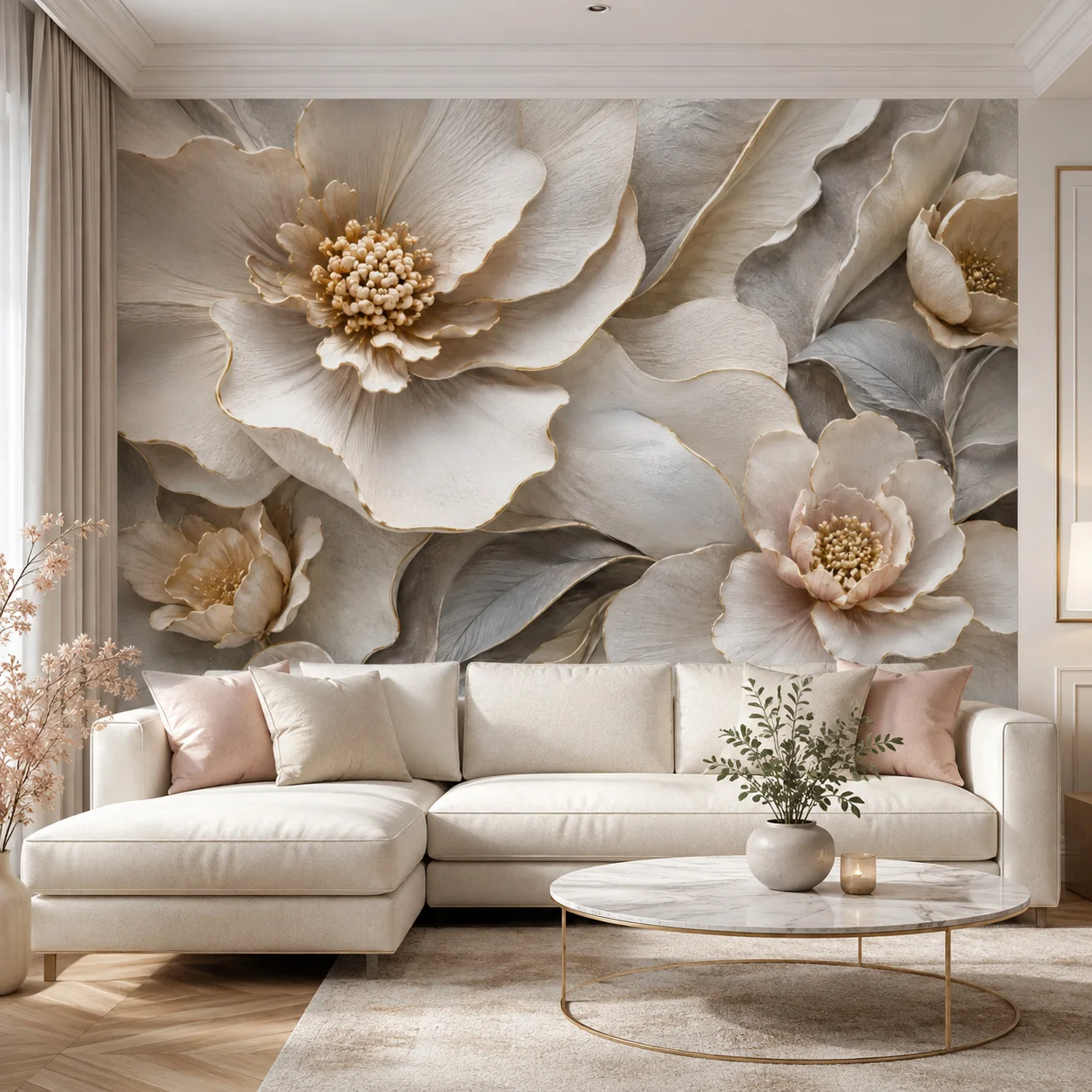 Ivory Floral Wall Mural, Luxury Sculpted Flower Wallpaper, Modern Living Room Decor, Non Self Adhesive, Glue Required