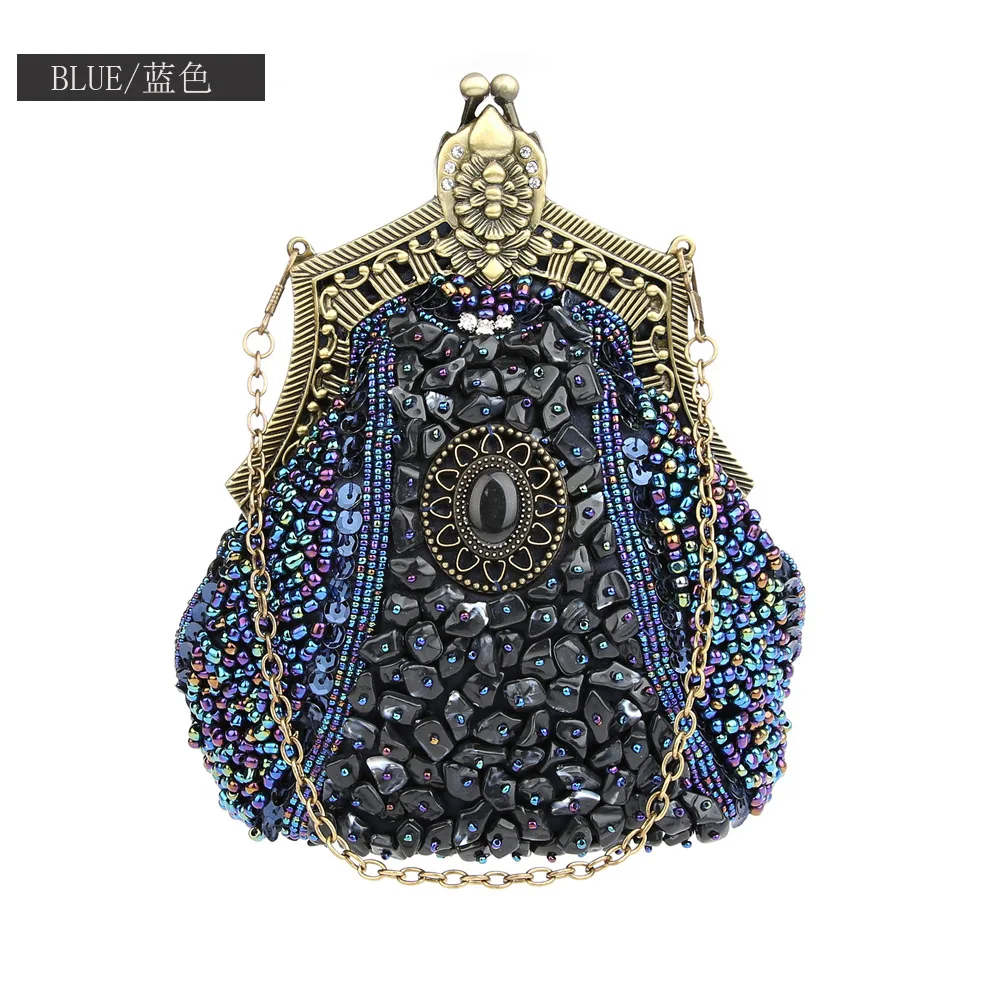 Retro Fashion Pearl Sequin Beaded Clutches Handbag for Women Vintage Antique Gold Color Chain Shoulder Bag Party Evening Bags