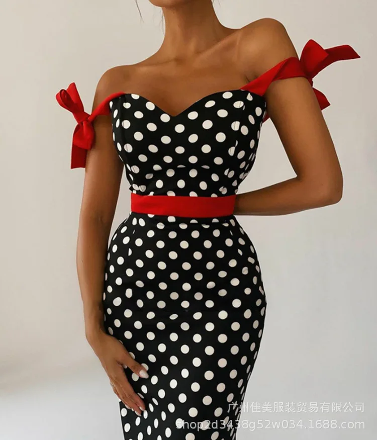 Women Dress Spring And Summer Shoulder Waist Polka Dot Contrast Stitching Fashion Bow Sleeveless Sling High Waist Dress