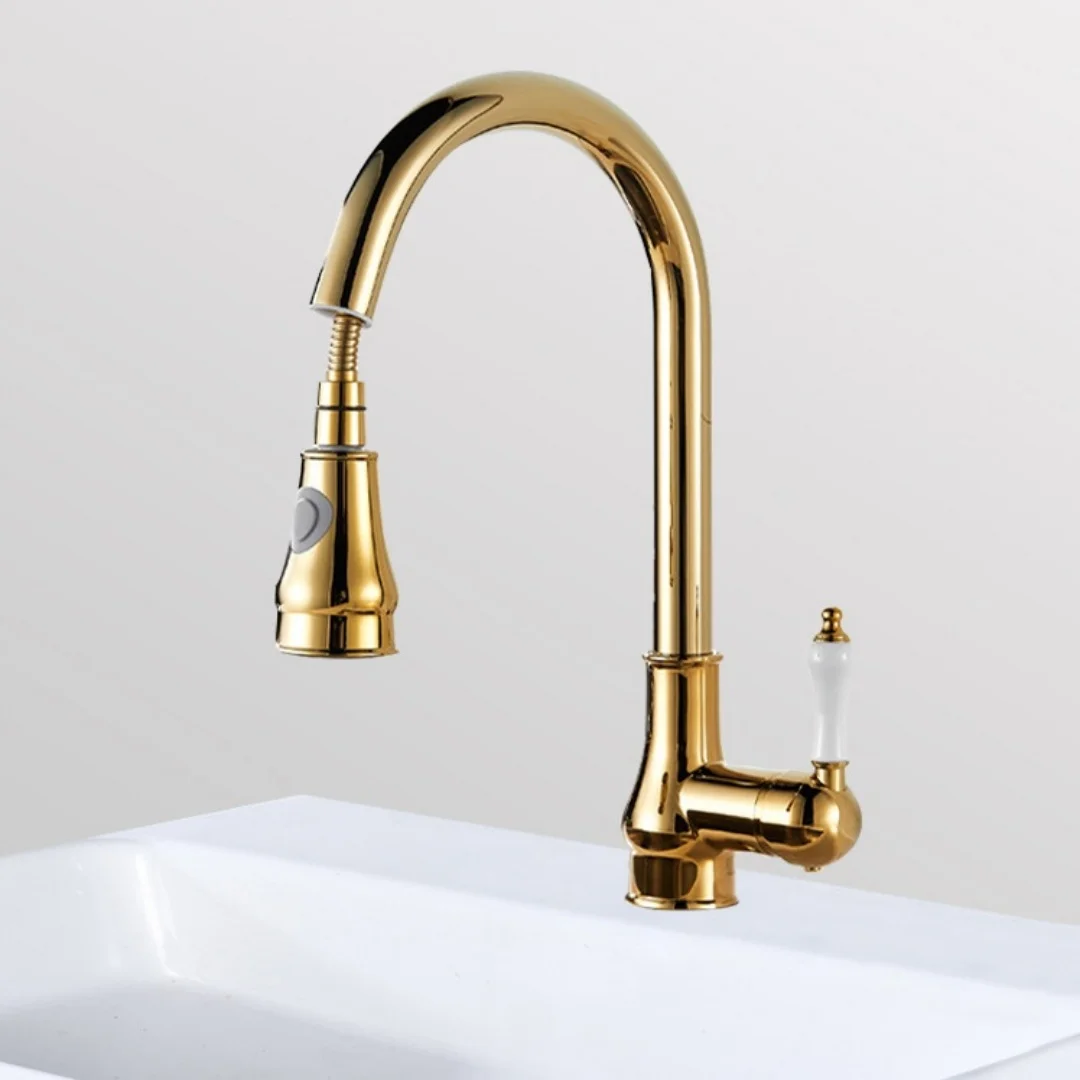 Antique Pull Out Kitchen Faucets Brass Gold Sink Faucets Brass Sink Tap Rotating Spout Mixers Tap Hot Cold Water Crane