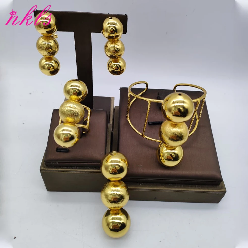 Fashion 18K Gold Plated Jewelry Set Women Round Beads Earrings Necklace France African Dubai Drop Earrings Bracelet Ring Jewelry