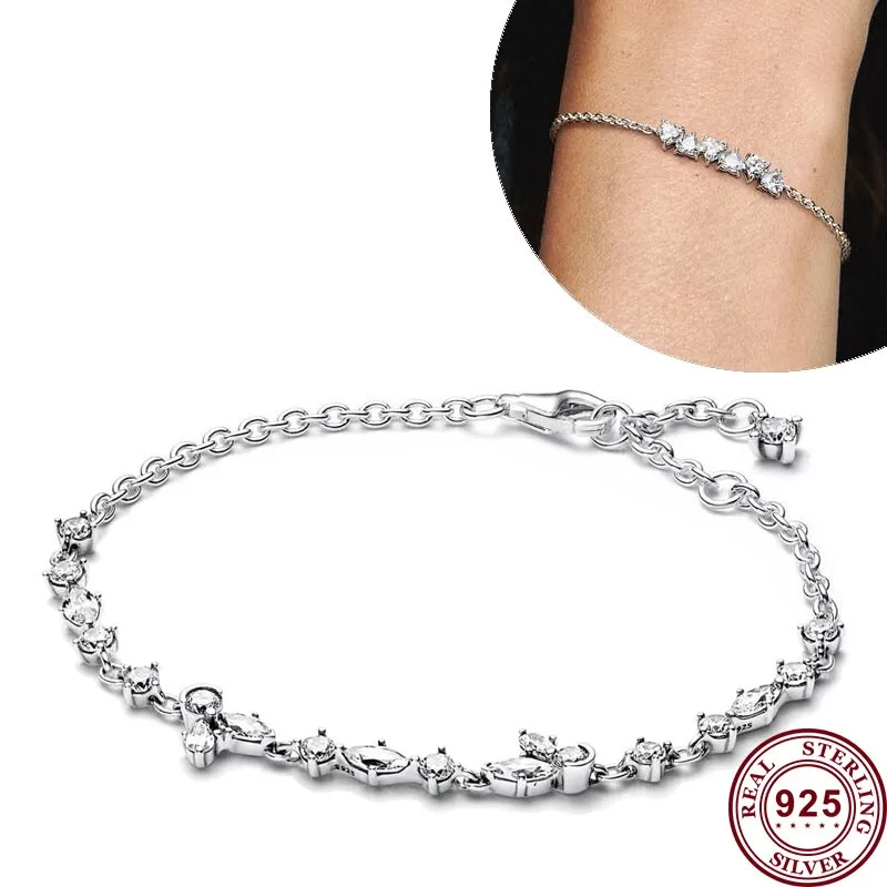 New Hot 925 Silver Sparkling And Red Tennis Original Women's Love Heart Logo Flower Bracelet Wedding DIY Fashion Charm Jewelry