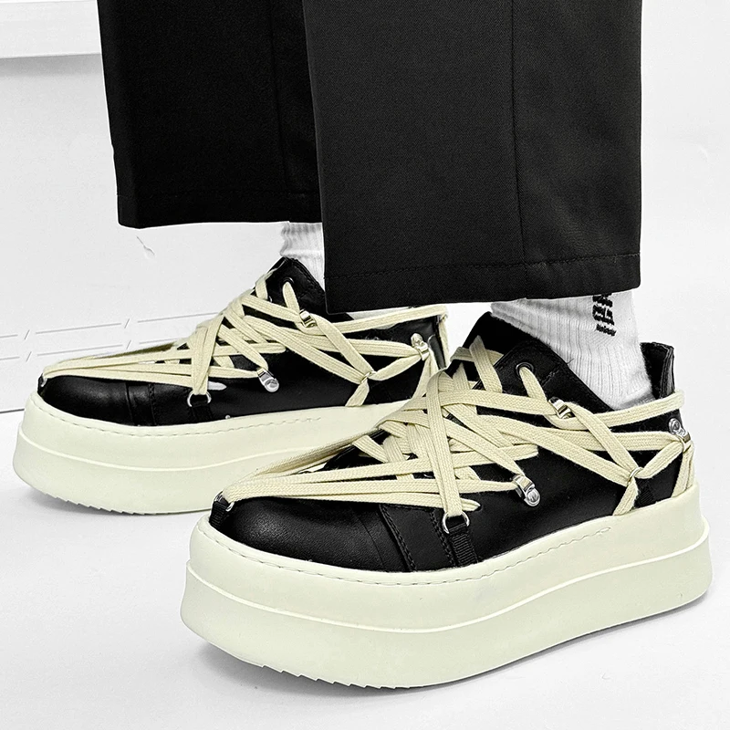 men casual stage nightclub natural leather shoes lace-up flats platform shoe black designer chunky sneakers stylish man footwear