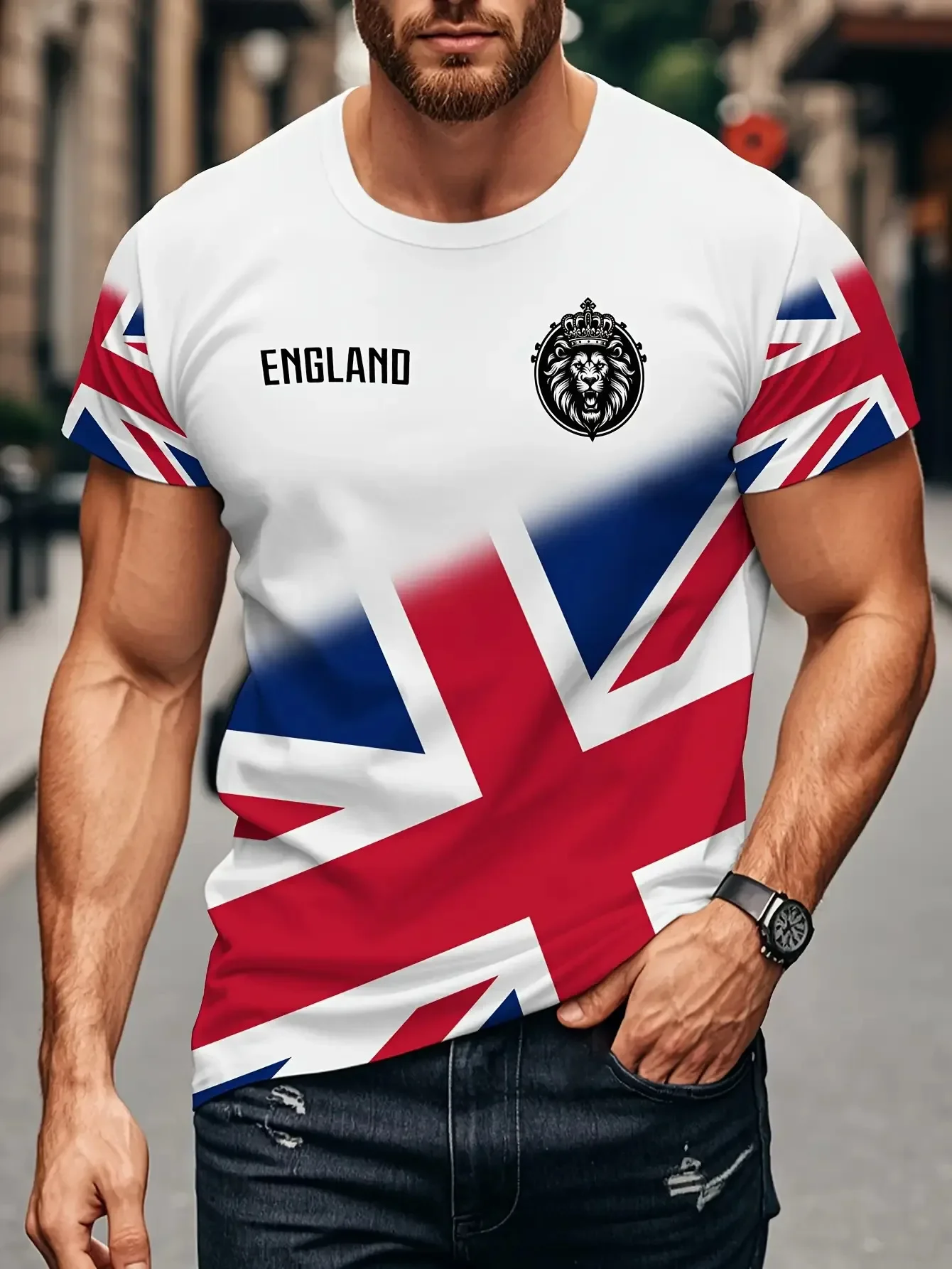 تي شيرت رجالي بعلم الاتحاد البريطاني - تي شيرت إنجلترا الأسد والتاج جرافيك صيفي كاجوال بأكمام قصيرة تي شيرت كبير الحجم #1