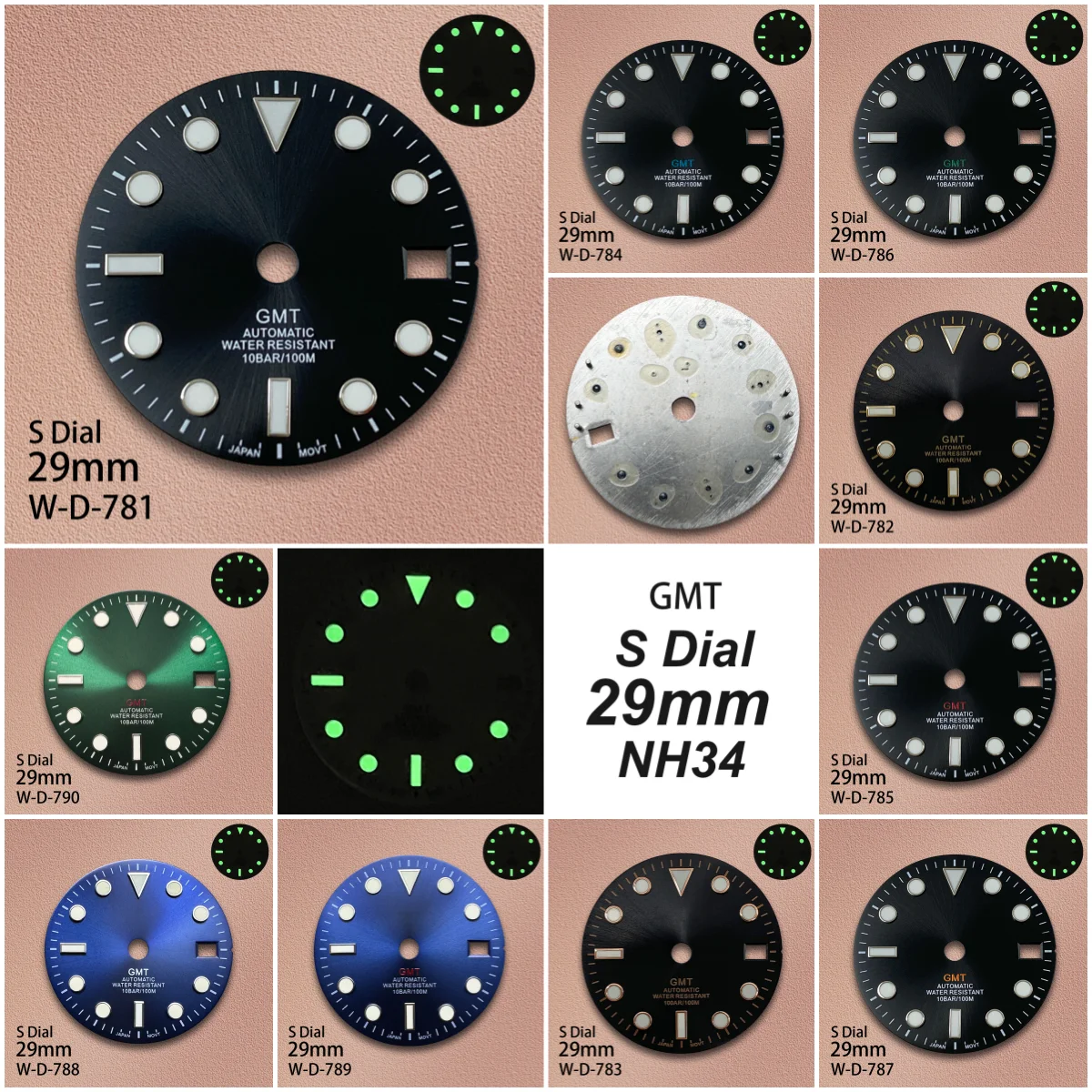 

29 мм GMT S логотип Sunburst циферблат подходит для механизма NH34 зеленый светящийся высококачественный циферблат аксессуары для модификации часов 3/3,8/4O'clock