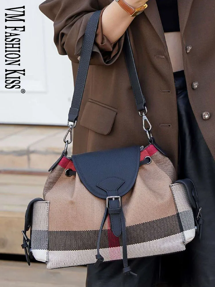 

VM FASHION KISS Checkered Fabric + Genuine Leather Latest Design Women's Handbag Drawstring Bucket Shoulder Bag Underarm Bag