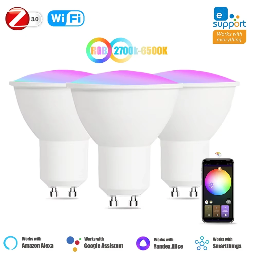 

GU10 WiFi Zigbee Smart RGB светодиодная лампа Ewelink APP Control RGB CW WW Прожектор с регулируемой яркостью AC 85-265V работает с Alexa Google