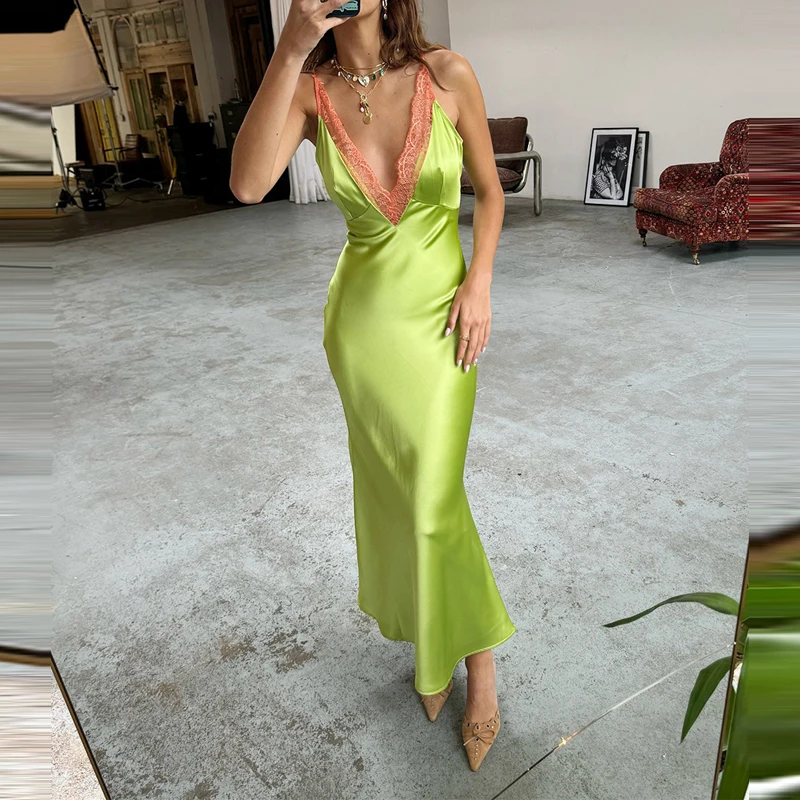 Temperament Deep V-Neck Lace Splice Sleeveless Dress Sexy Straps Off Shoulder Club Party Dress Fashion Solid Backless Fit Dress
