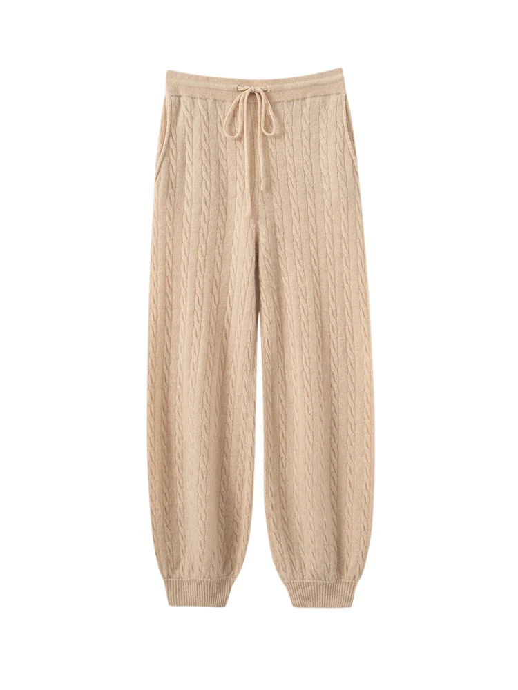 TLOML New Women's 100% Cashmere Knitted Cable Knit Bloomers Pants Autumn Winter Soft Warm Comfy Casual Trousers Cashmere Pants