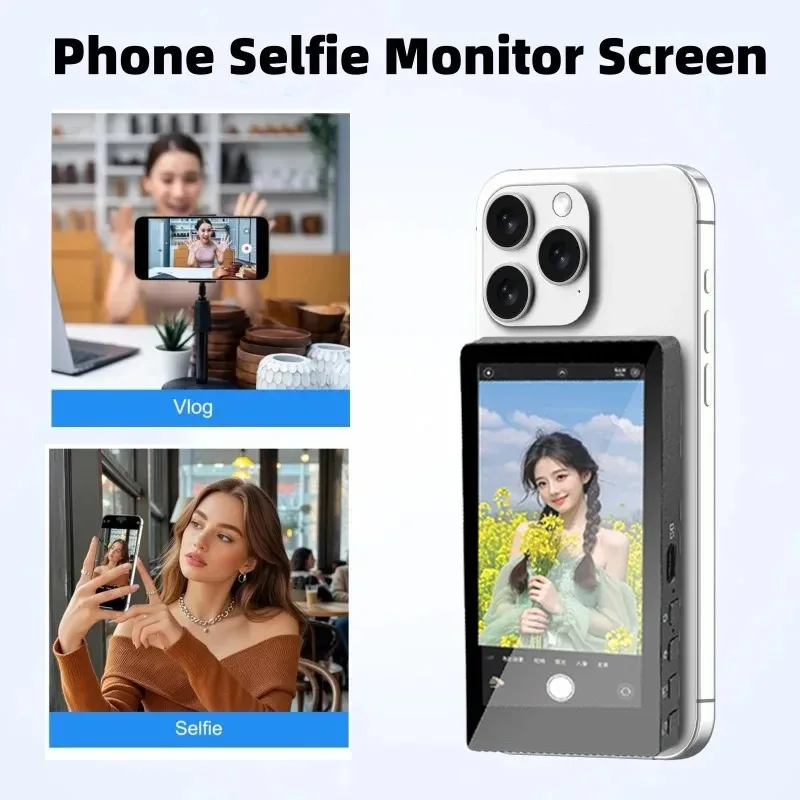 Écran Selfie Magnétique Pour Téléphone - Moniteur Caméra Arrière Sans Fil 4" - Portée 50m - Compatible IPhone/Android - Pour Vlog, TikTok, YouTube