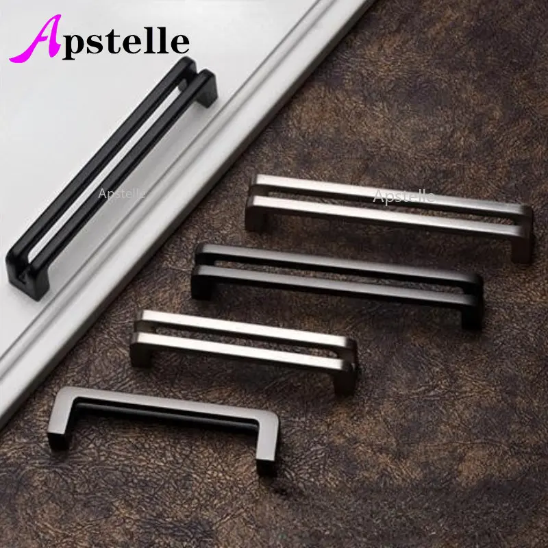 New Chinese Double Handle Door Zinc Alloy Brushed Matte Black Hollow Handle Bookcase Drawer Handle Knobs Handle Hardware