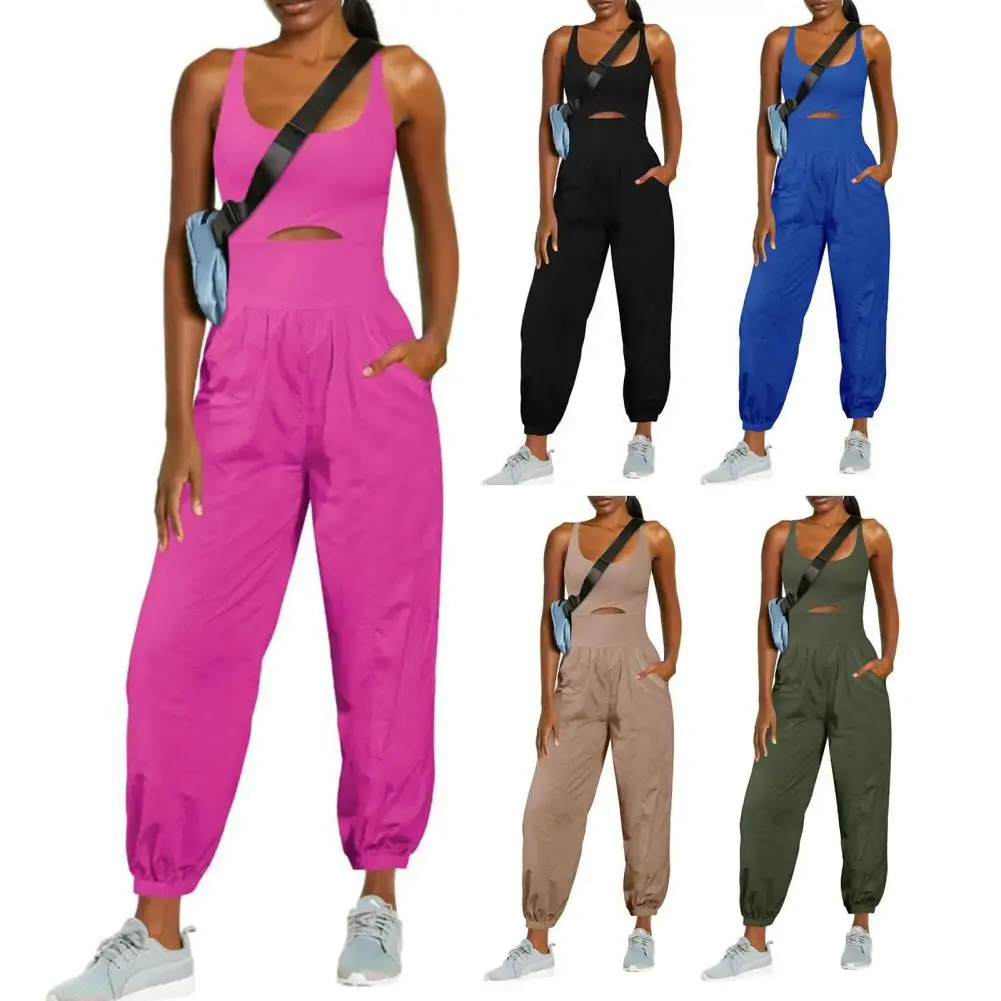 

Summer Women's Casual Fashion Solid Color Suspender Pocket Jumpsuit One-piece Pants Model Back Pants Pocket Suspender Jumpsuit