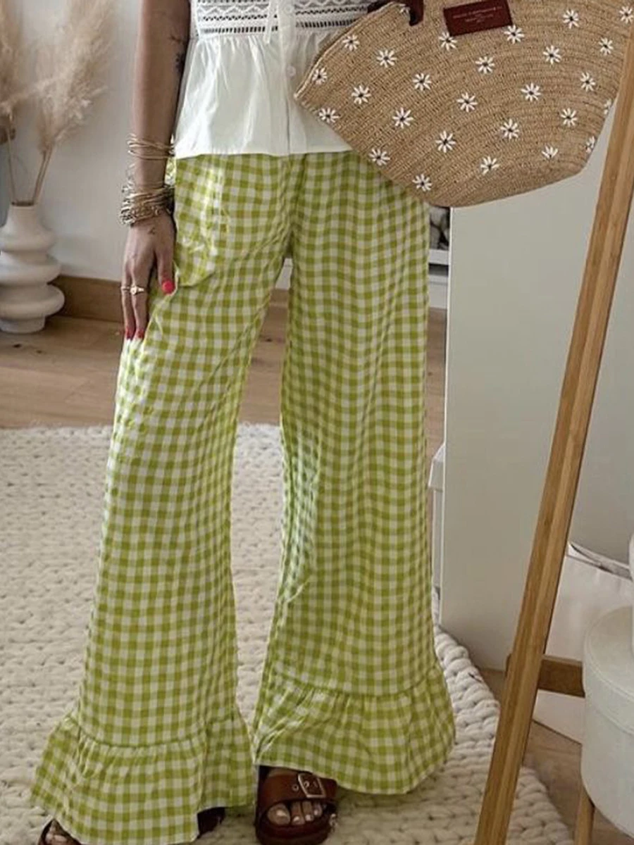 2024 Fashion Plaid Flared Pants Women y2k Vintage Ruffle Hem Pleated High Waist Pants Summer Straight Leg Holiday Trousers