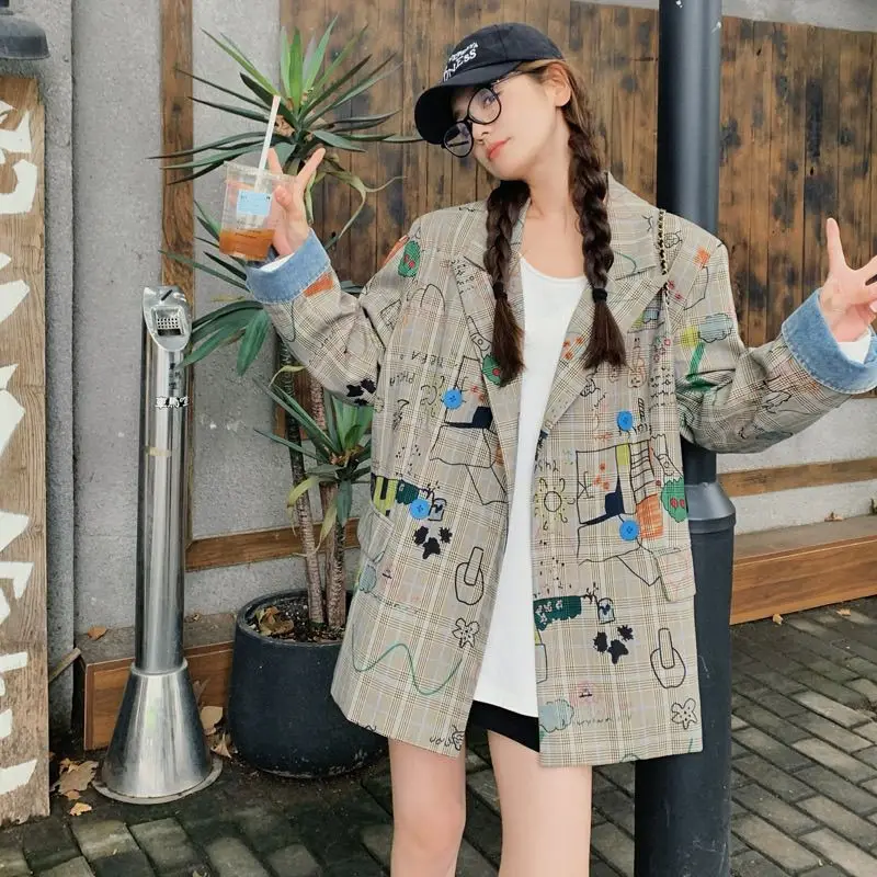 

Women's Grid Graffiti Printed Suit Autumn Winter Loose Thin Jacket Female Long Sleeved Outerwear Coat 2000s Oversize Tops