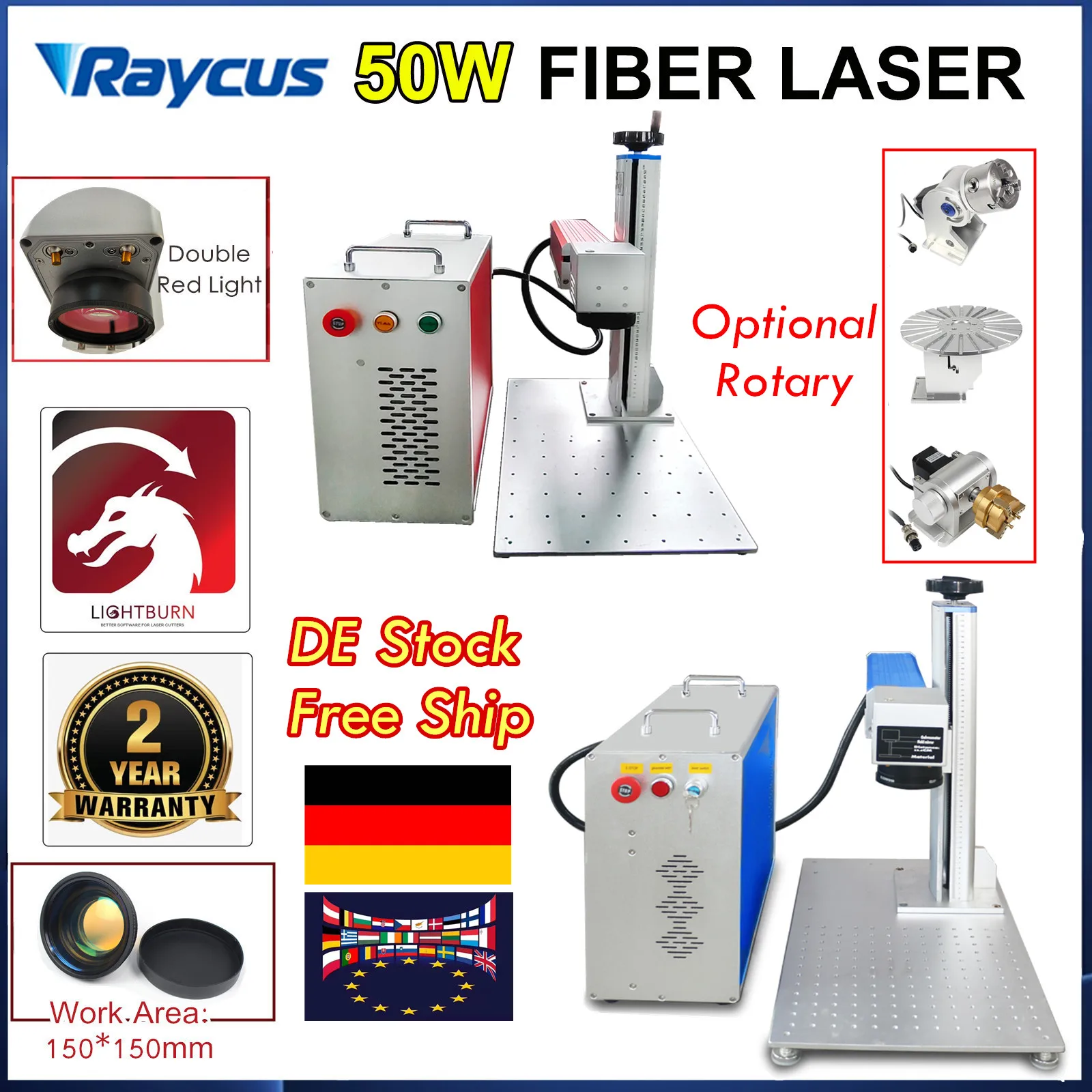 【EU Stock】30W 50W Raycus Fiber Laser Marking Machine for DIY Jewelry Engraving Gold,Silver,Brass,Metal,Stainless Steel+Rotary