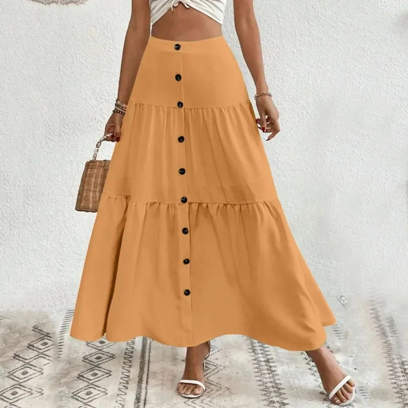 

Summer Korean Casual Midi Long Skirt 2024 New Y2K Women's Button Cake A Line High Waist Mid-length Loose Beach Ruffles Skirts