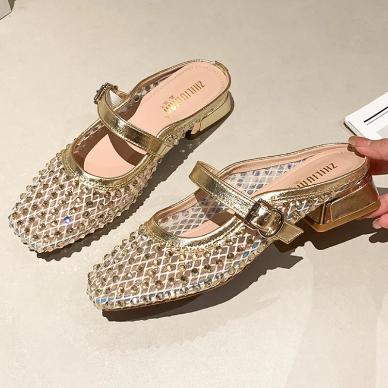 Mesh Rhinestone Chunky Heel Mules Slippers Women Breathable Summer Fashion Slides Square Toe Sandals for Women Pantuflas Mujer