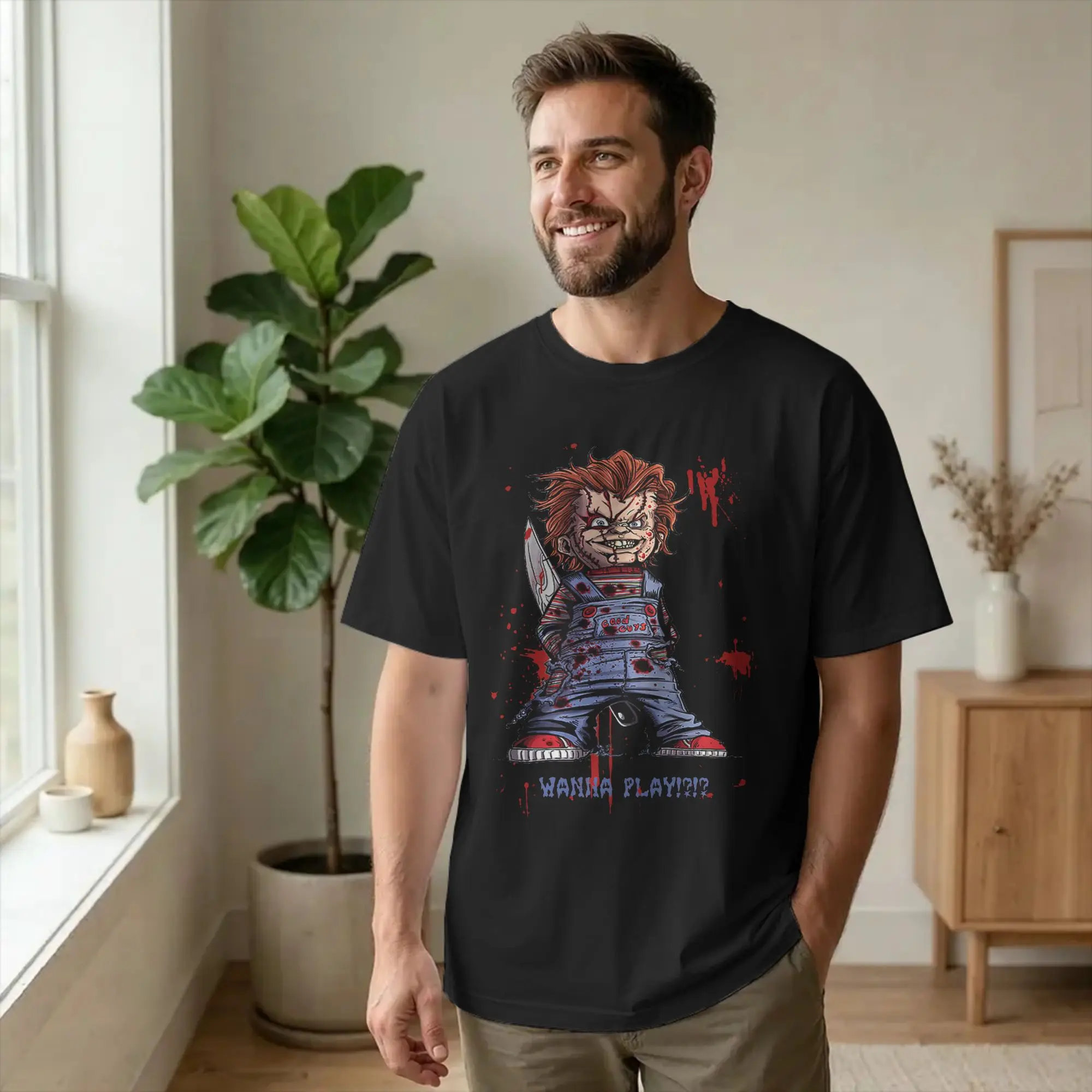 Vintage Scarry Zombie Chuckys Halloween Movie Horror Tshirt Men Round Neck Short Sleeve Clothes  100%Cotton Summer Tops Shirts