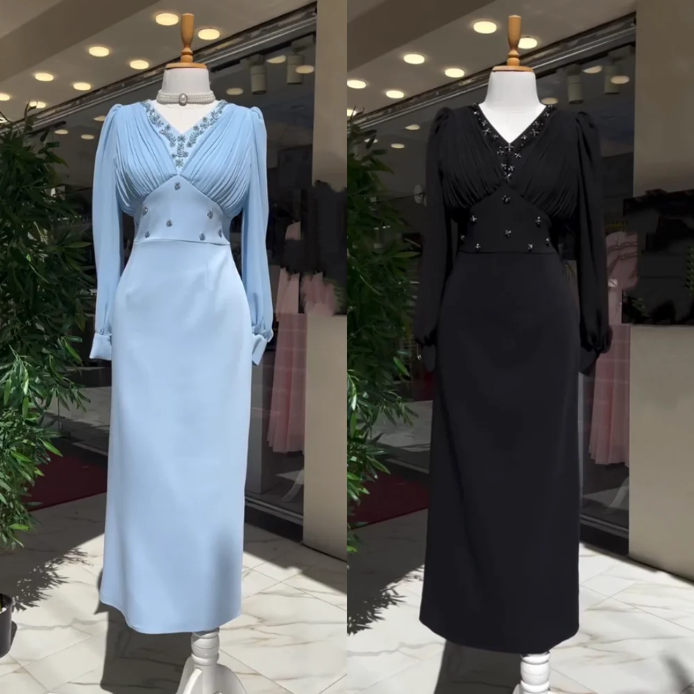 

Customized Jersey Pleat V-neck Straight Midi Dresses Bespoke Occasion Dresses Women Luxury Evening Elegant Party Wedding