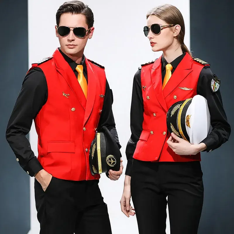 Custom Fashion Design Air Pilot Stewardess Hostess Cabin Crew Stewardess Luchtvaartmaatschappij Uniformen Vest + Shirt + Broekpak