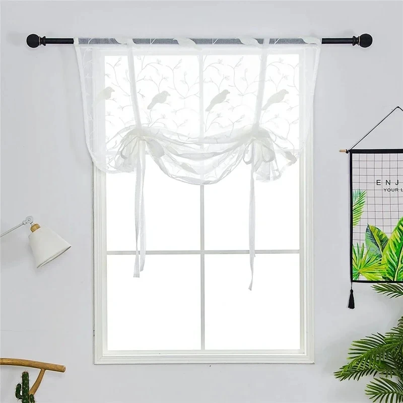 White Birds Embroidery Short Sheer Tulle Roman Curtain For Kitchen Door Corridor Bay Window Door Lifting Rod Pocket Curtains