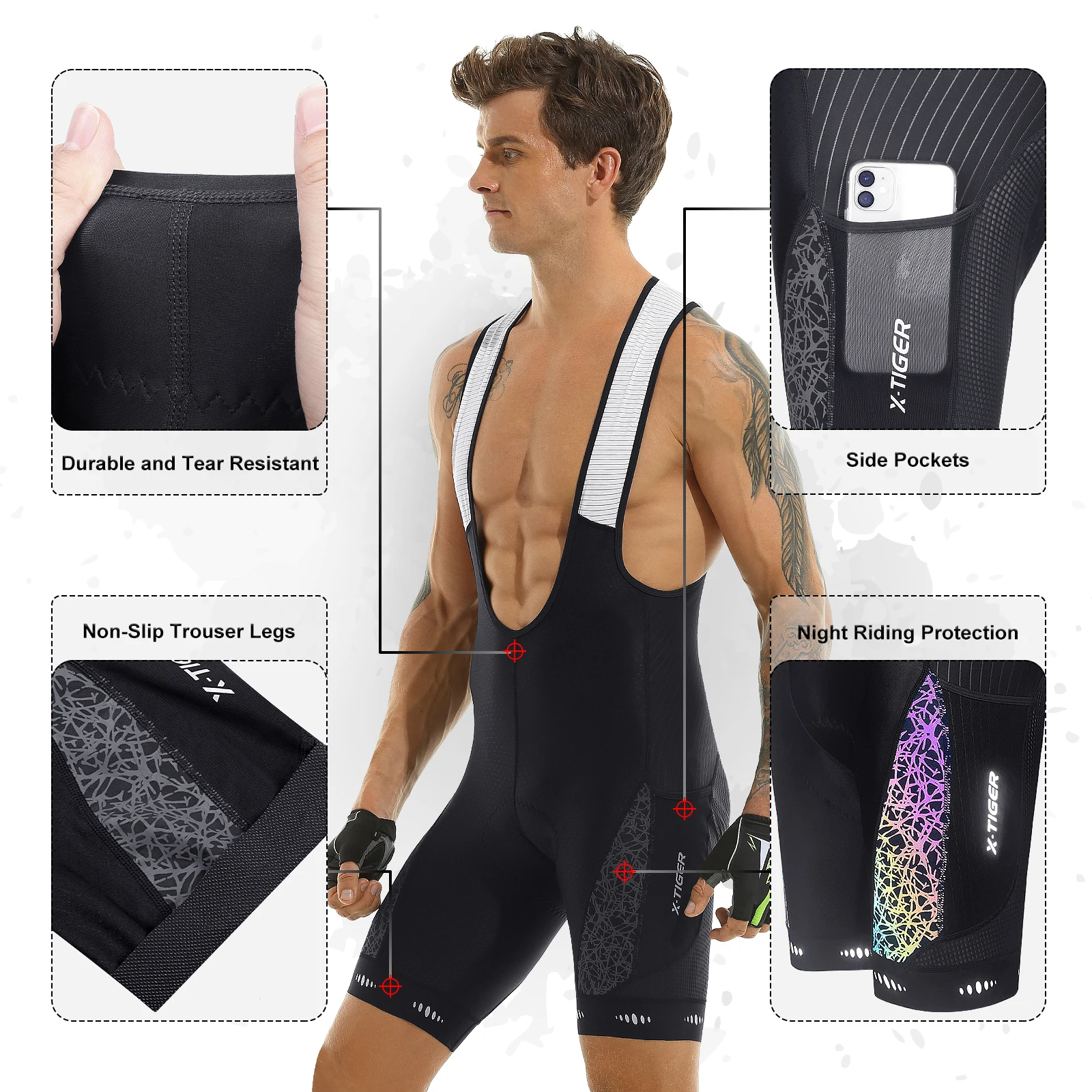 Cuissard de vélo pour hommes, X-TIGER, bavoirs de vélo rembourrés 5D, collants de vélo avec poches, Triathlon Pro Licra UPF50 +, short de vélo