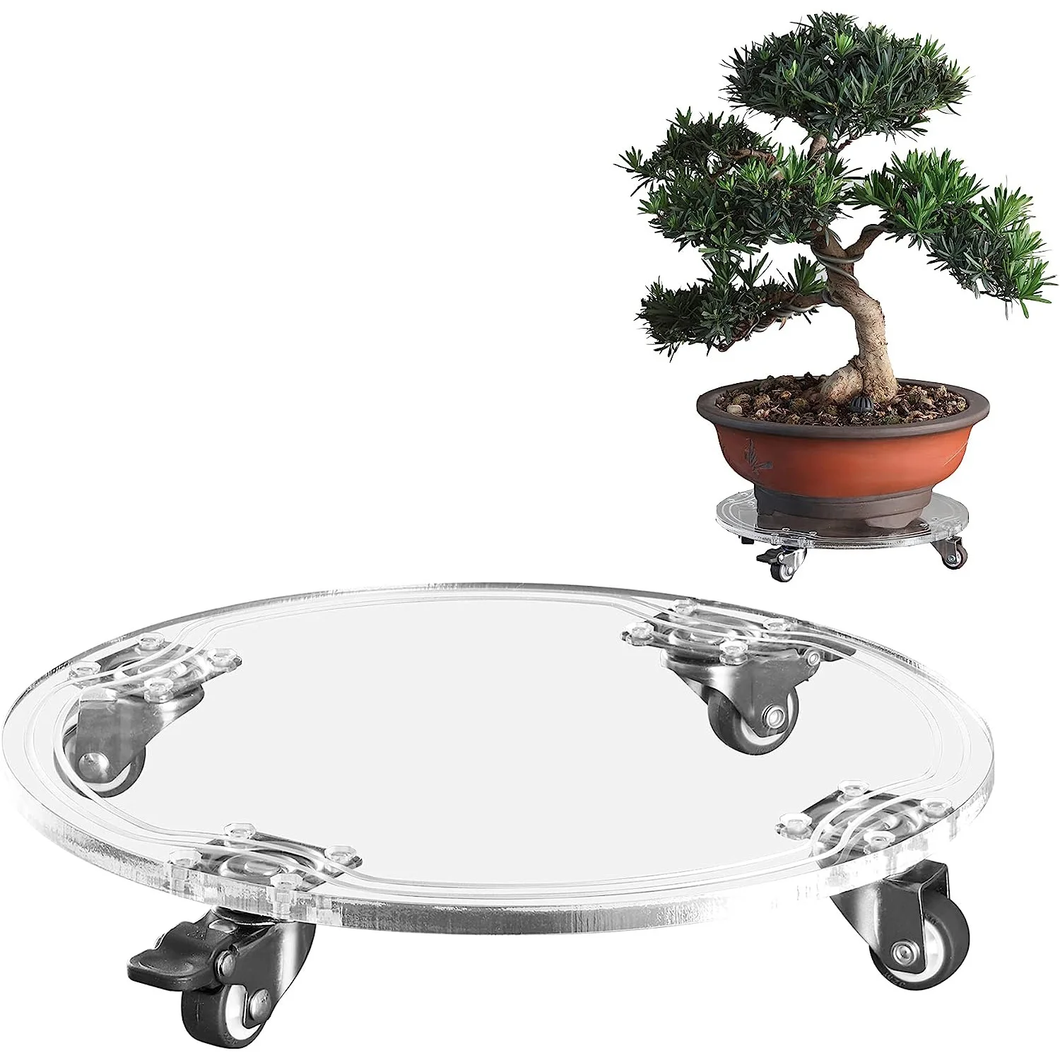 Custom Flower Pot Mover Heavy Duty Potted Plants Trolley Pallet Clear Plant Caddy Acrylic Plant Stand with Wheels