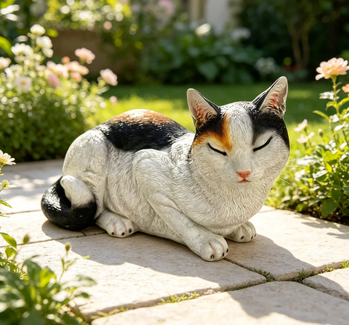 Large Lifelike Sleeping Calico Cat Resin Figurine Weatherproof Garden Statue Indoor Bedroom Office Desktop Animal Decor Gift