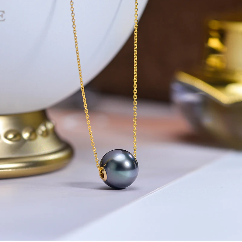 

Real 18K Gold Round Pearl Necklace For Women,Tahiti Black Pearl Pendant Chain Mother Girls Birthday Gift