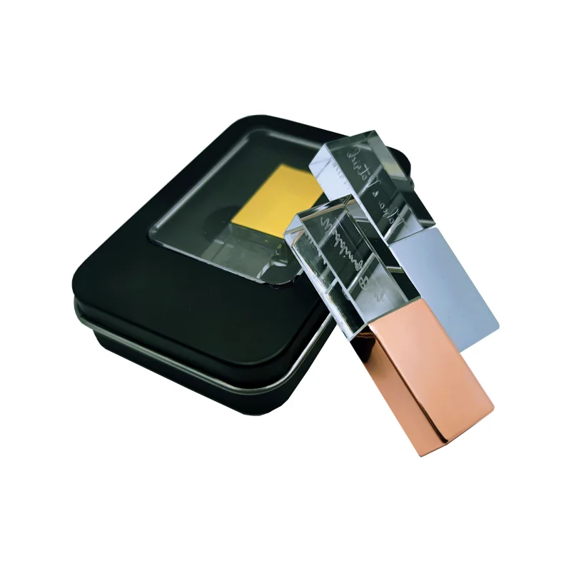 محرك أقراص فلاش USB كريستال معدني مع صندوق شفاف معدني أسود ، شعار مخصص ، 4GB ، 8GB ، 16GB ، 32GB ، 64GB ، شحن مجاني