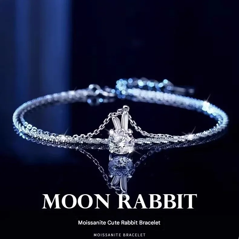 

Moissanite S925 sterling silver bracelet, cute rabbit animal bracelet, exquisite jewelry gift, for lovers, mother's gift