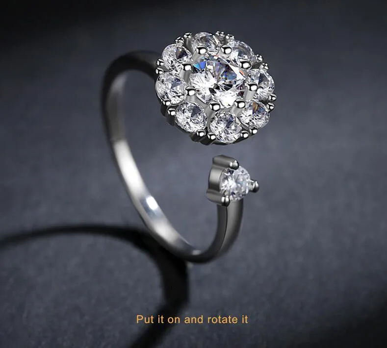 Rotatable Crystal Ring For Women Jewelry Adjustable Fashion 925 Sterling Silver Ring Female Wedding Accessories