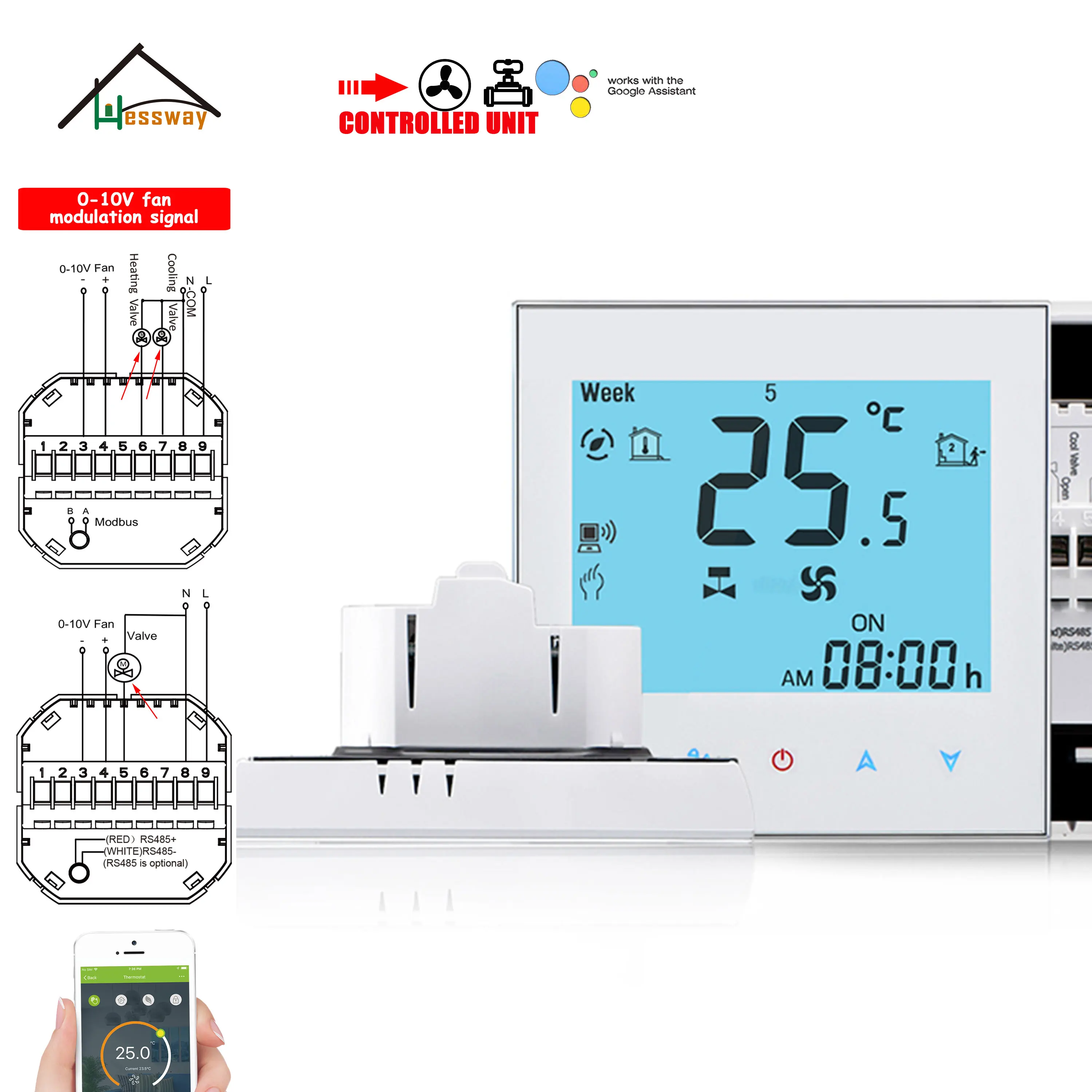 HESSWAY EC 0-10V Fan Speed Regulation Thermostat for Cooling Heating 1/2-Valve WIFI/RS485 Connect Power 24V 220V Optional