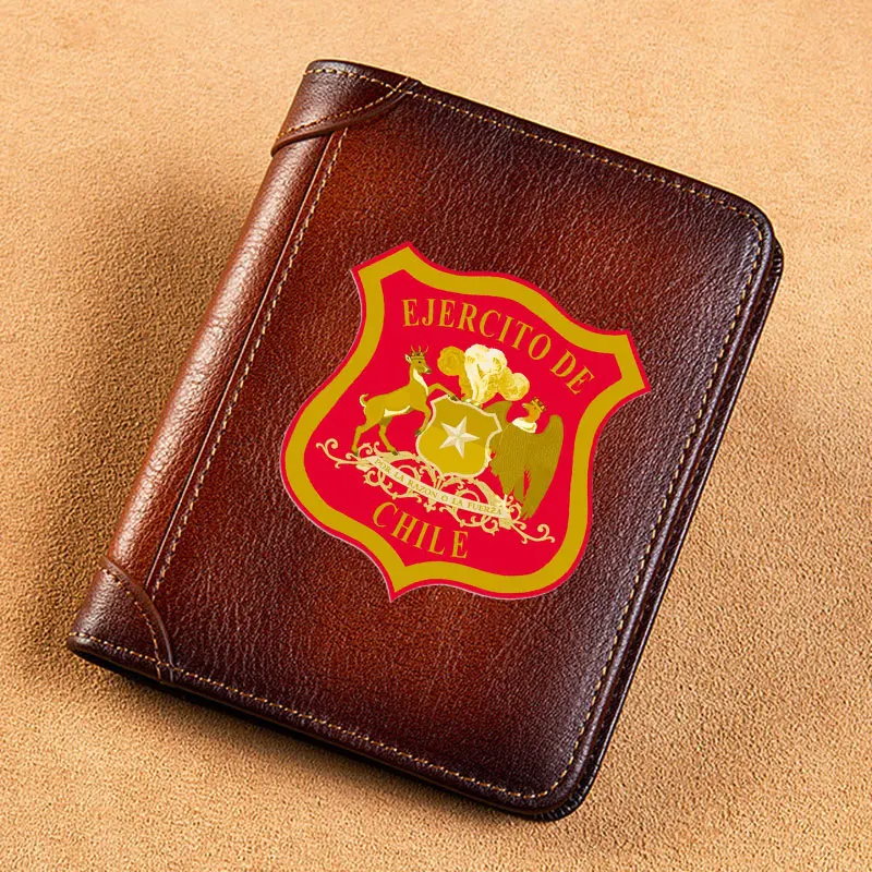 High Quality Genuine Leather Men Wallets Classic Ejercito De Chile Sign Cover Short Card Holder Purse Trifold Men\'s Wallet