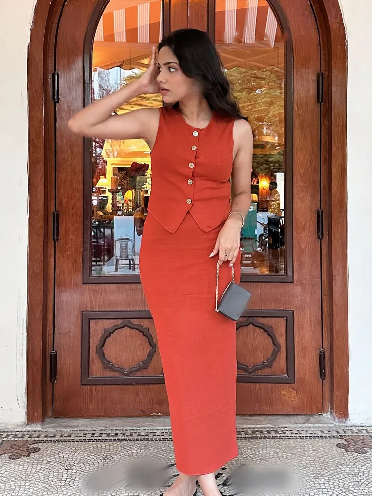 HH レディース ツーピースセット Oネック ノースリーブ シングルブレスト ニットベストトップ+エレガントな伸縮性ウエスト スリットヘムデザイン ミディスカート