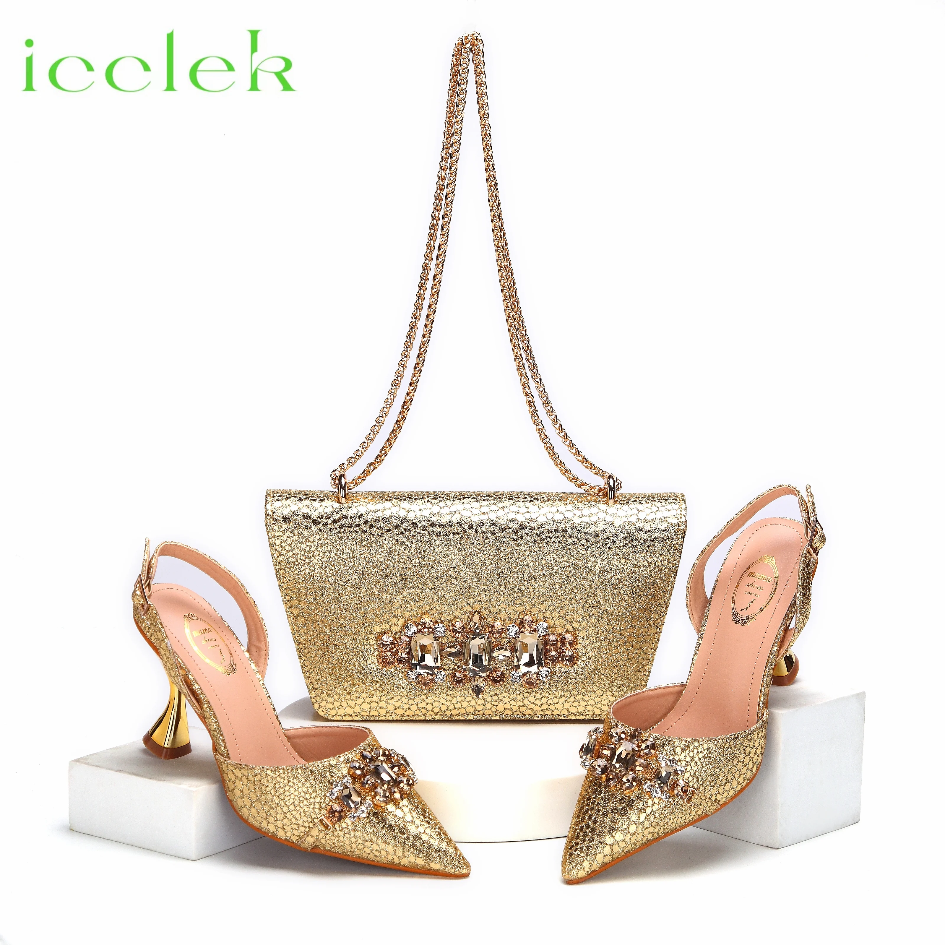 

High Heels Shoes for Women Fashion Embroidery Rhinestone Italian Design Gold Color Pointed Toe Shoes and Bags Set