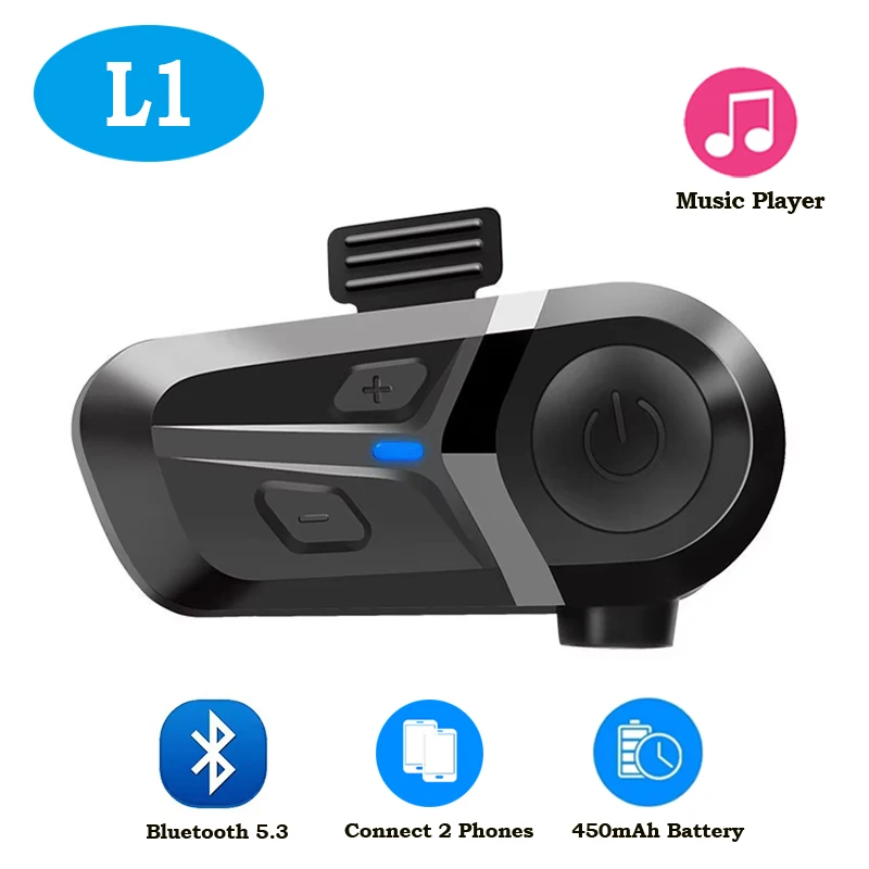 

Bluetooth-гарнитура для мотоциклетного шлема L1, автоматически отвечает на входящие вызовы, беспроводное подключение 5.3, одновременное подключение 2 мобильных телефонов, MP3.