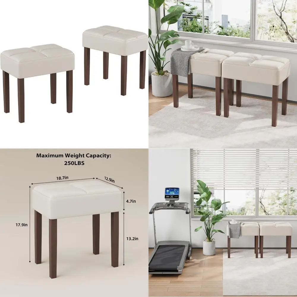 

Pair of Leather Vanity Stools, 18.7 Rectangular Ottoman Bench for Makeup Area, Set of Wooden-Legged Vanity Chairs for Piano Room