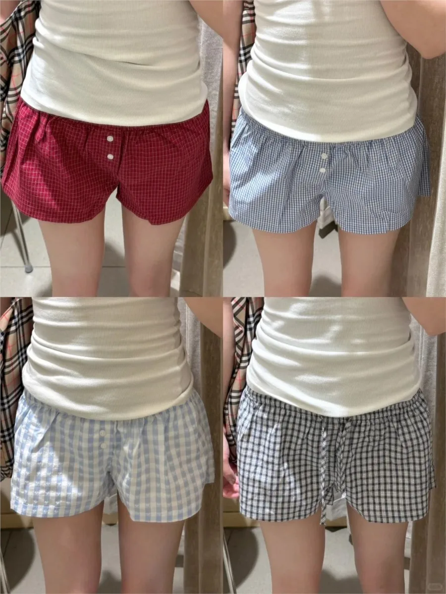 

Женские летние хлопковые шорты с пуговицами в клетку, эластичные, с высокой талией, в стиле винтаж, Харадзюку, прямые, Y2K