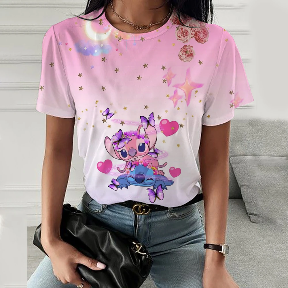 Camiseta informal de verano para mujer, jersey de manga corta con estampado de Stitch de Disney, Top holgado de cuello redondo de gran tamaño, 2024