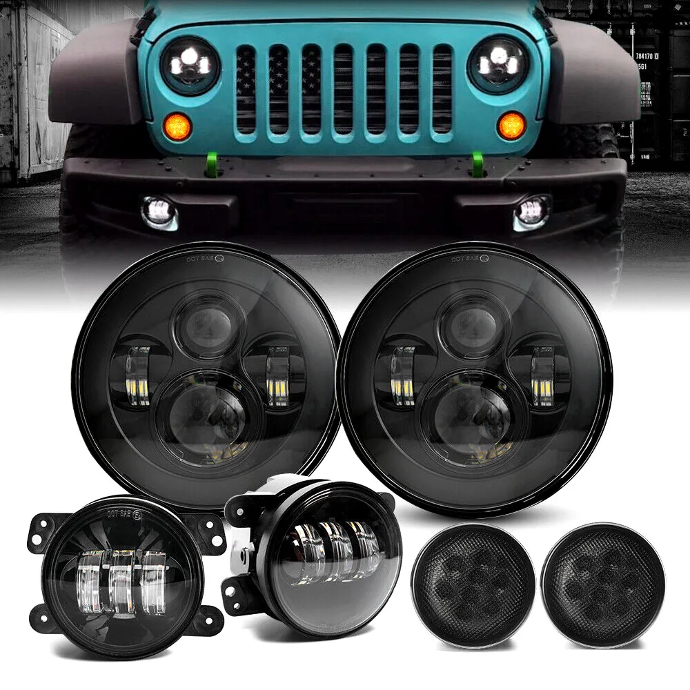 Car 7Inch Led Headlight Fog Lights Assembly With Amber Turn Signal lights For Jeep Wrangler JK 2007-2017 Accessories