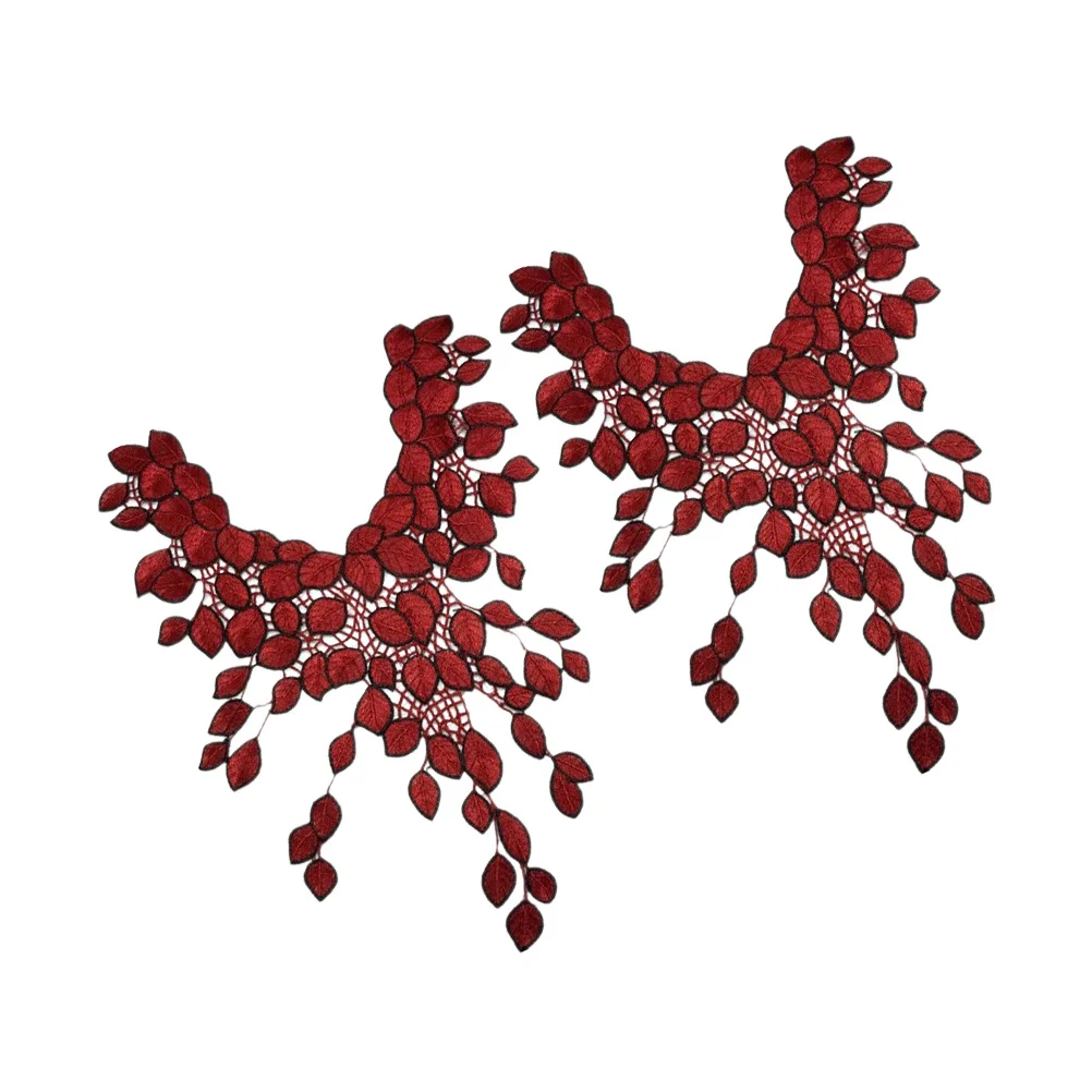 2pcs Flower Lace Collar Dark Red Hollow Design Lightweight Nylon Diy Sewing Neckline Embroidery Patches Clothes Accessories