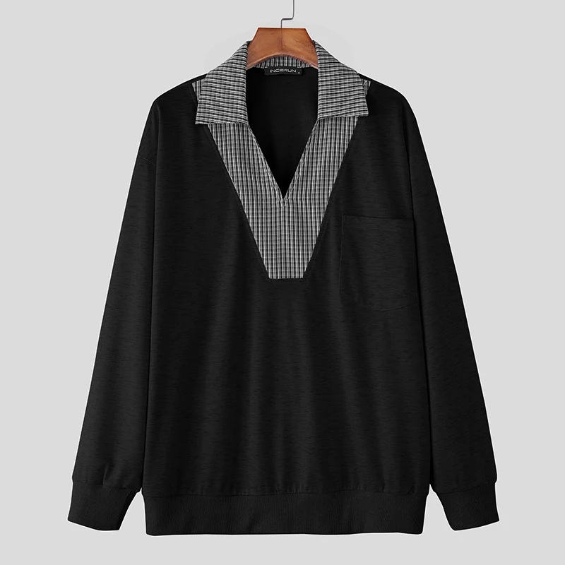 INCERUN Männer Hoodies Plaid Patchwork Revers Langarm Casual Männlichen Sweatshirts Streetwear Lose Koreanischen Stil, Mode Pullover Männer