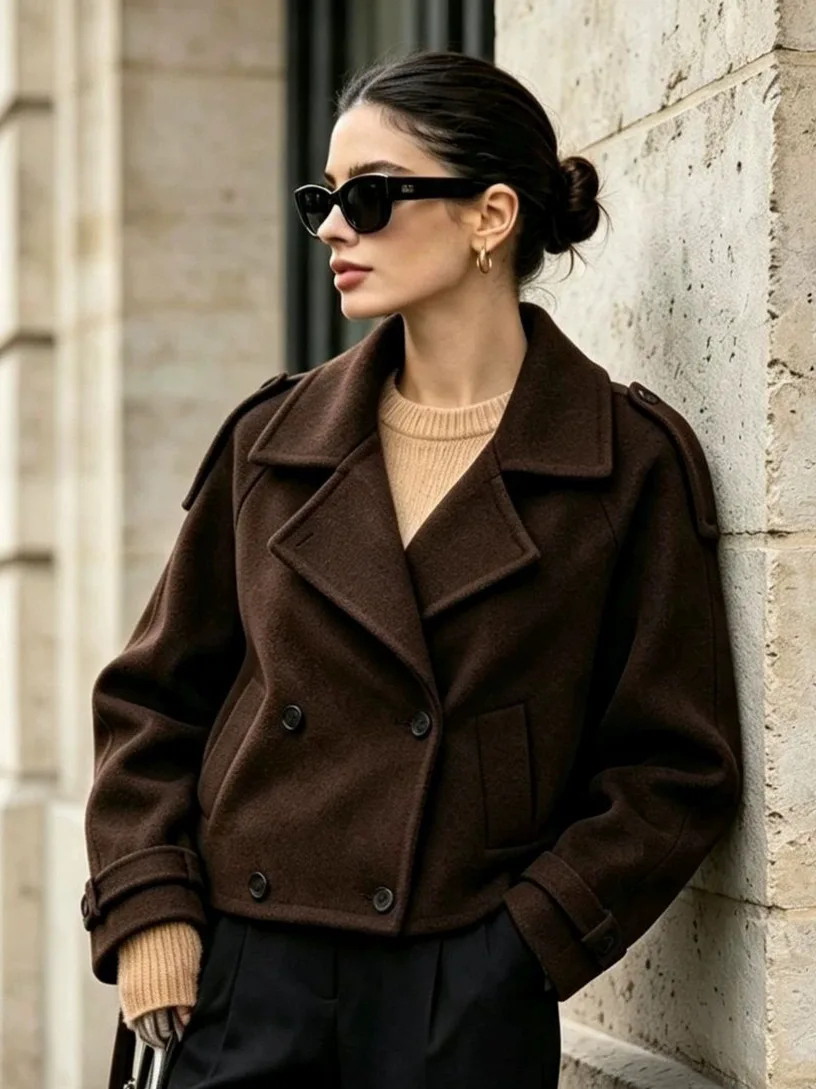 Brown Short Woolen Coat Double Row Buttons Commute Style Female Outerwear Loose Fit Premium Feeling Polyester Fiber