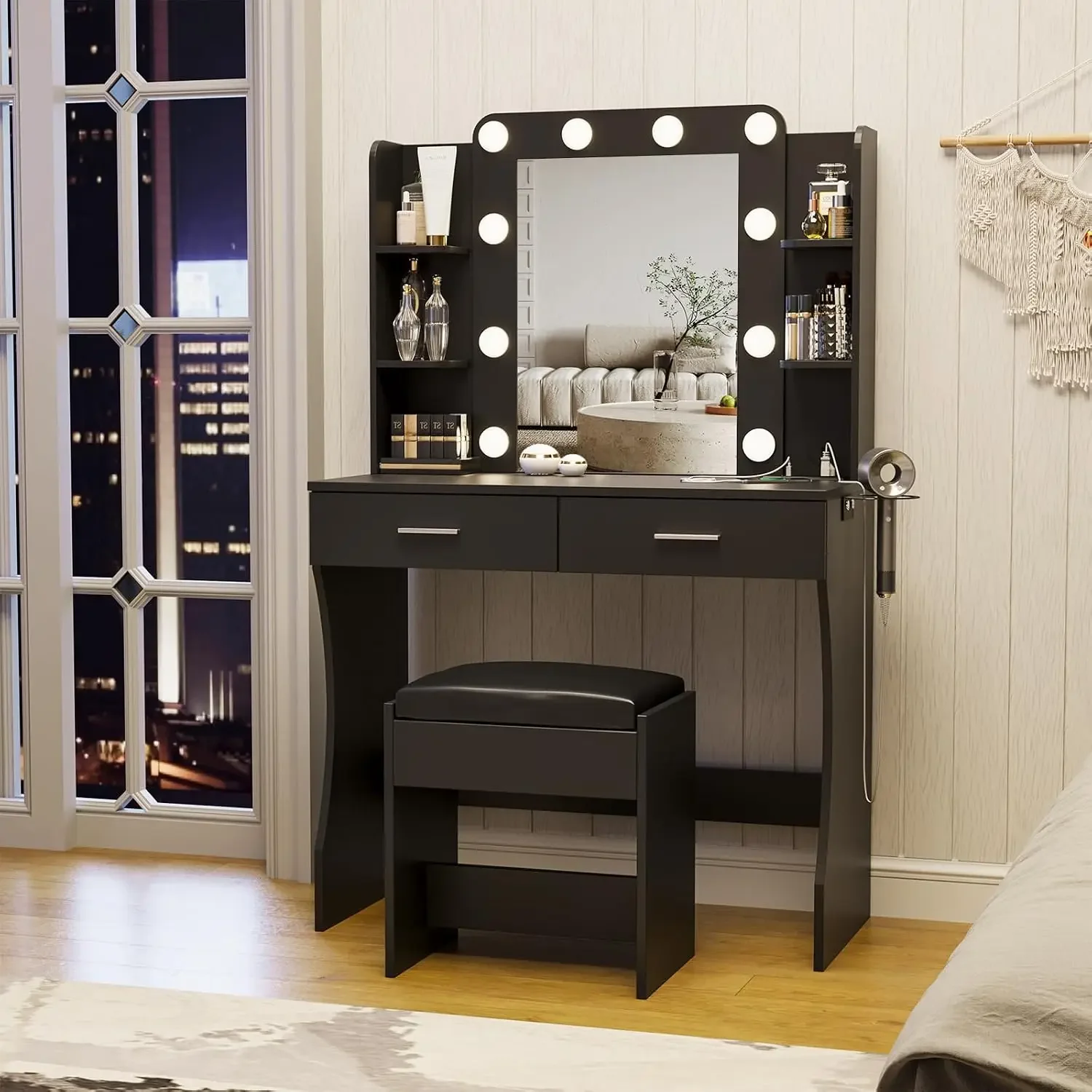 Maupvit Vanity Desk with Mirror and Lights,Makeup Vanity Table Set with Power Outlet,3 Lighting Modes & Adjustable Brightness Dr