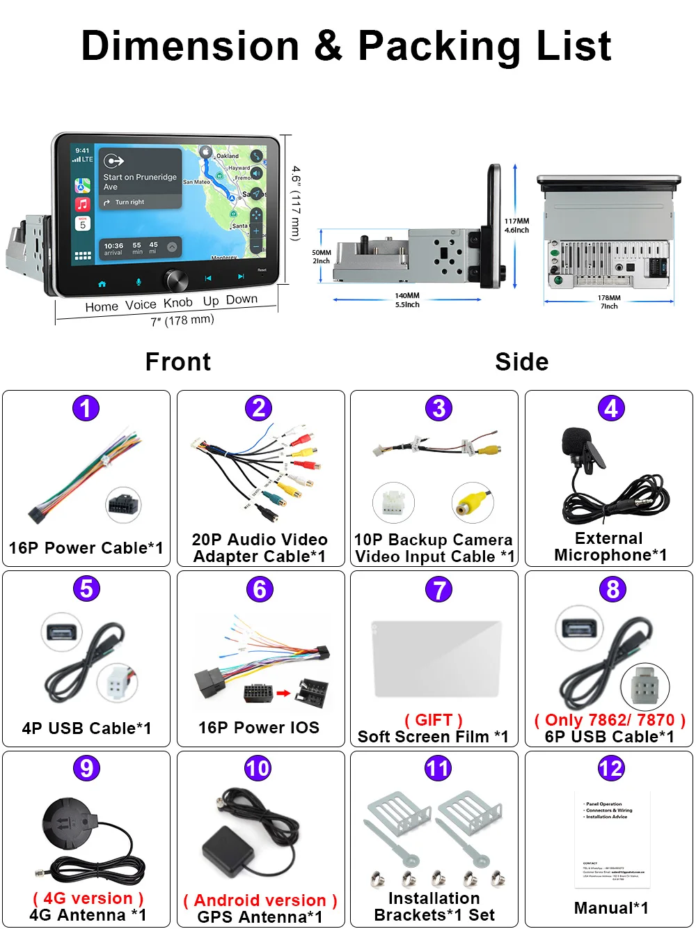 Single 1 Din 7 Inch Android Car multimedia Radio Player Android Auto CarPlay Navigation WIFI EQ MP5 Player BT Stereo Head unit