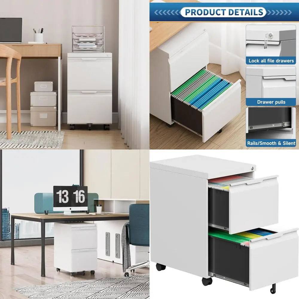

Portable White File Cabinet with Lock, Rolling Storage for Home Office, Suitable for Legal/Letter/A4 Files, Under Desk Mobile Ca