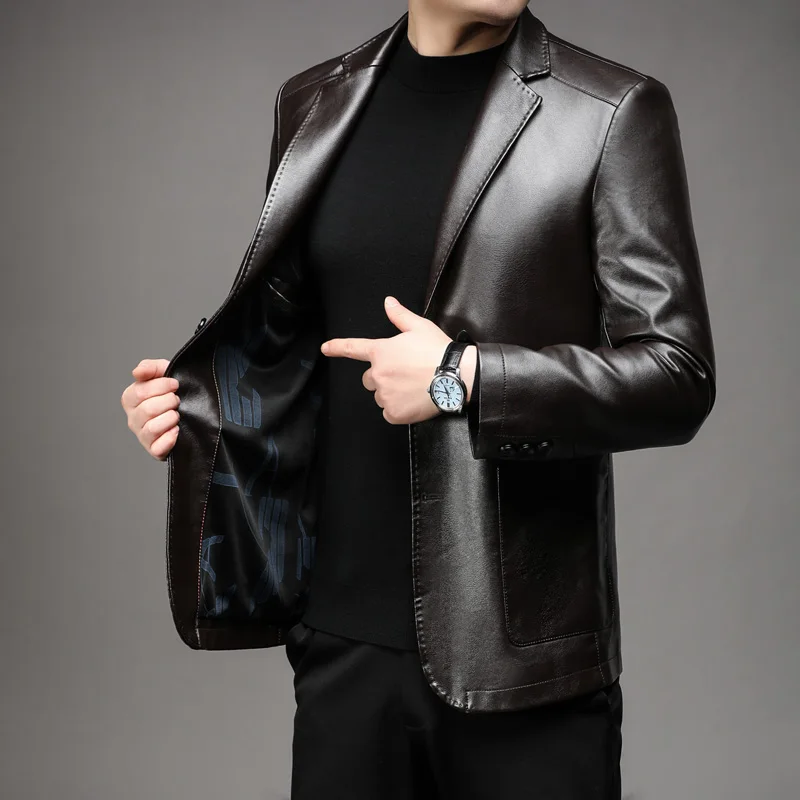 

New men's suit collar leather jacket for business and casual wear PU leather mid-year jacket spring-autumn outerwear